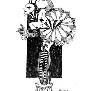 Puede incluir: Ilustración en blanco y negro a pluma y tinta de una figura caprichosa. La figura tiene una cara de estilo arlequín, una gran falda en forma de flor y piernas a rayas. La figura está de pie sobre una base decorativa.