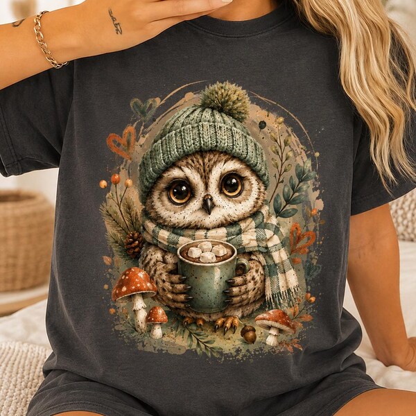 かわいいフクロウのPNG昇華デザイン、居心地の良い森のフクロウTシャツPNG、秋のココアDTFデザイン、印刷可能なクラフトデジタルダウンロード