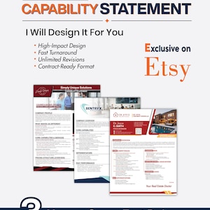 Peut inclure: Visuel promotionnel Etsy pour un service de conception de déclarations de capacités personnalisées. Le design comprend le texte "Custom Capability Statement", "I Will Design It For You" et "Exclusive on Etsy". L'image met également en avant la rapidité d'exécution et les révisions illimitées.