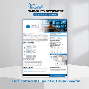 Peut inclure: Un modèle blanc et bleu intitulé "CAPABILITY STATEMENT" avec le texte "A4 & US LETTER SIZE". Le document comprend des sections pour la présentation de l'entreprise, les principales capacités et un aperçu de l'entreprise. Le texte inférieur indique "Entièrement personnalisable | Facile à modifier | Téléchargement instantané."