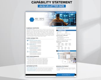 Professional Capability Statement Template, Adobe Illustrator, Editable Business Brochure, Corporate Company Profile, Government Contracting