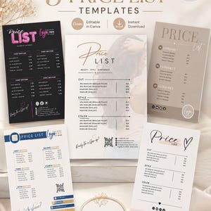 Op de afbeelding: Een bundel van vijf prijslijst sjablonen. De tekst "BUNDLE OF 5 PRICE LIST TEMPLATES" is zichtbaar. De sjablonen zijn in verschillende ontwerpen, met de woorden "Canva Editable" en "Instant Download". De sjablonen zijn voor schoonheidsdiensten.