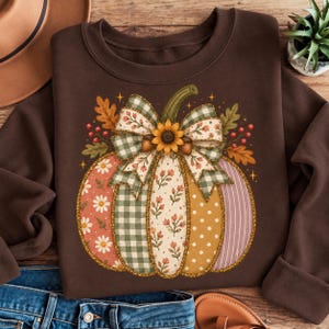 May include: A dark brown crewneck sweatshirt featuring a large central graphic of a pumpkin. The pumpkin is divided into vertical segments with various patterns including daisies, green gingham, floral prints, yellow polka dots, and stripes.
