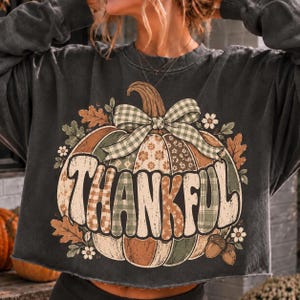 Op de afbeelding: Een antracietgrijs sweatshirt met lange mouwen en een rafelige zoom, voorzien van een grote pompoenafbeelding. De pompoen is versierd met diverse patronen, een groen-witte gingham strik en het woord THANKFUL in grote, crèmekleurige letters.