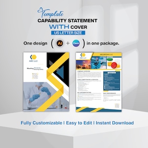 Peut inclure: Un modèle de déclaration de capacité avec couverture, format US Letter. La conception comprend le texte "Template CAPABILITY STATEMENT WITH COVER US LETTER SIZE" et "One design (Ai + Canva) in one package." La conception est entièrement personnalisable et facile à modifier.