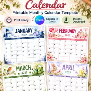 May include: A 2027 printable monthly calendar template featuring four pages for January, February, March, and April. Each page displays a grid with dates, seasonal illustrations, and text. The design includes Canva compatibility, print-ready status, and instant download options.
