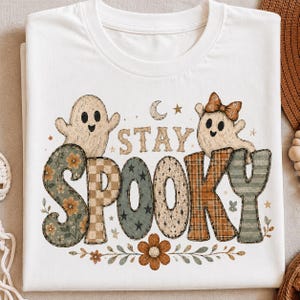 Cute Ghost Halloween PNG, Stay Spooky Patchwork Sublimation Design, Retro Floral T-Shirt PNG, DTF Digital Download