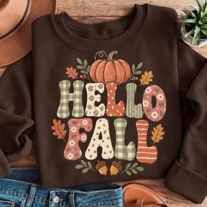 Hola otoño PNG Diseño retro de calabaza para sublimación, gráfico de camisa de otoño con estampado floral a cuadros, descarga digital imprimible DTF
