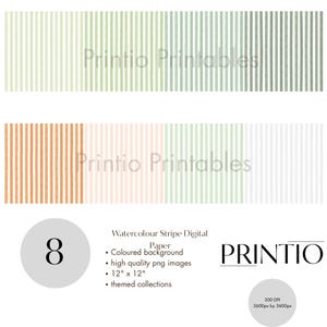 May include: Digital paper set featuring watercolor stripe patterns in various colors, including green, orange, and pink. The set includes high-quality PNG images, each 12" x 12" in size, with a resolution of 300 DPI.