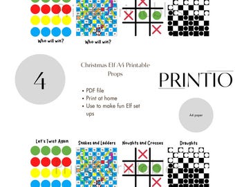 Può includere: Oggetti di scena stampabili per elfi natalizi A4 con quattro giochi classici: Twister, Serpenti e scale, Tris e Dama. Include un file PDF da stampare a casa. L'immagine include anche il logo Printio.