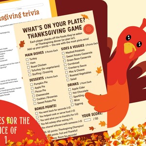 以下が含まれることがあります： 感謝祭のトリビアとゲームシート。漫画の七面鳥のイラストが描かれています。トリビアシートには、休日の質問が記載されています。「What's on Your Plate?」というタイトルのゲームシートには、料理とボーナスポイントが記載されています。デザインは秋の葉を特徴としています。