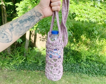 Handmade Crochet Water Bottle Holder Dusty Purple Cotton Yarn Shoulder Strap Bag Cotton Crochet Bottle Bag