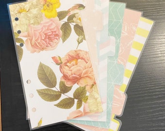 Double Sided Personal Sized Laminated Dividers Medium Size Planner Bold Vintage Floral Pastel Peach Pink Mint Yellow Colorful Watercolor