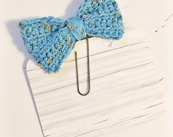Aqua Blue and Gold Sequin Crochet Bow Planner Clip Clippie Planner ECLP Happy Planner Filofax