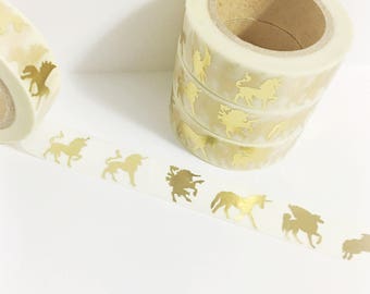 Bright Shiny Metallic Gold Foil Unicorns Pegasus Mystical Creatures Winged Unicorn Pegacorn Washi Tape 11 yards 10 meters 15mm