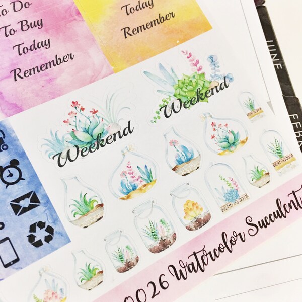 0026 Watercolor Succulents Sticker Set 2 Sheet Sampler Pack Stickers Planner Stickers Erin Condren Life Planner Happy Planner