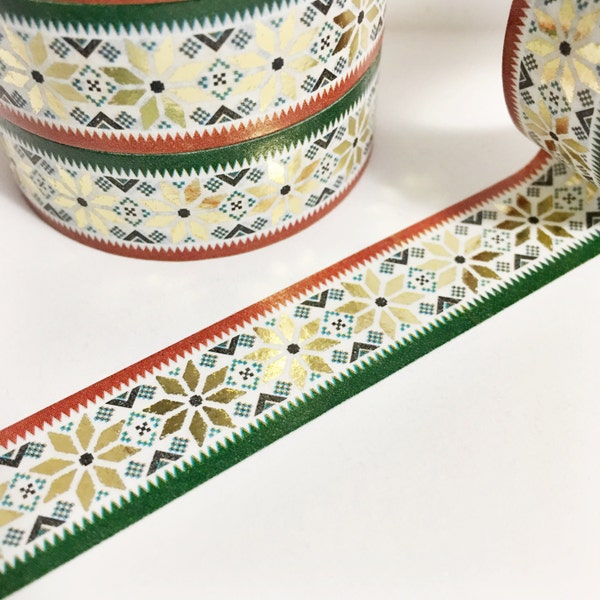 Christmas Red and Green Washi Dark Green and Red Stars Sweater Knit Design Gold Foil Washi Tape 11 yards 10 meters 15mm