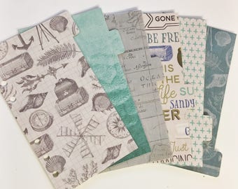 Personal Sized Laminated Dividers For Filofax Medium Kikki-k Planner Blue Teal Green Beige Grey Sea Travel Water Compass Floral Ships