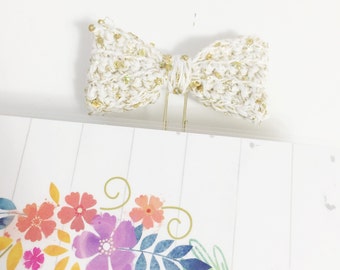 White and Gold Sequin Crochet Bow Planner Clip Clippie Planner ECLP Happy Planner Filofax