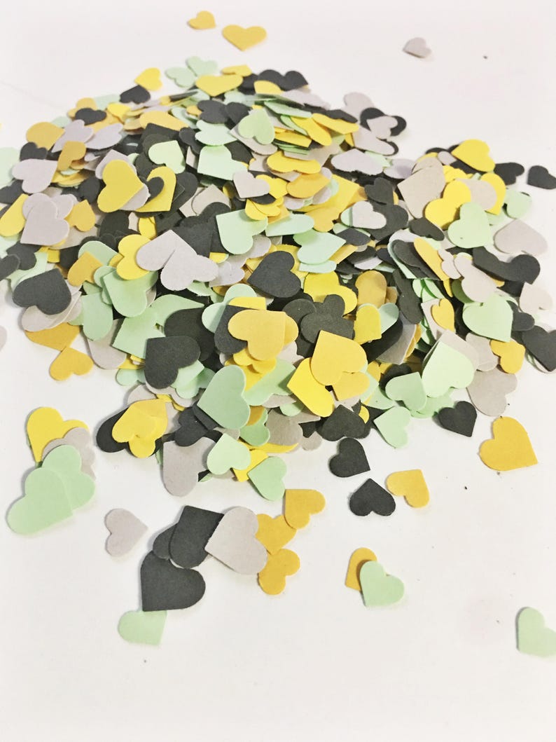 Adorable Heart Confetti in Mint Green Light Yellow Dark Yellow Grey Black over 1000 hearts Wedding Decor Table Decorations Tiny Hearts image 1