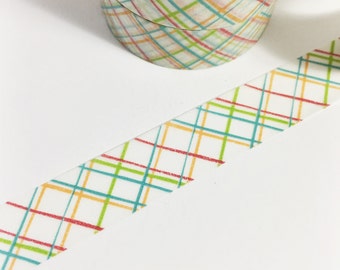 Colorful Plaid Tape Multi Colored Diagonal Skinny Striped Plaid Aqua Mustard Lime Green Dark Pink Washi Tape 11 yards 10 meters 15mm