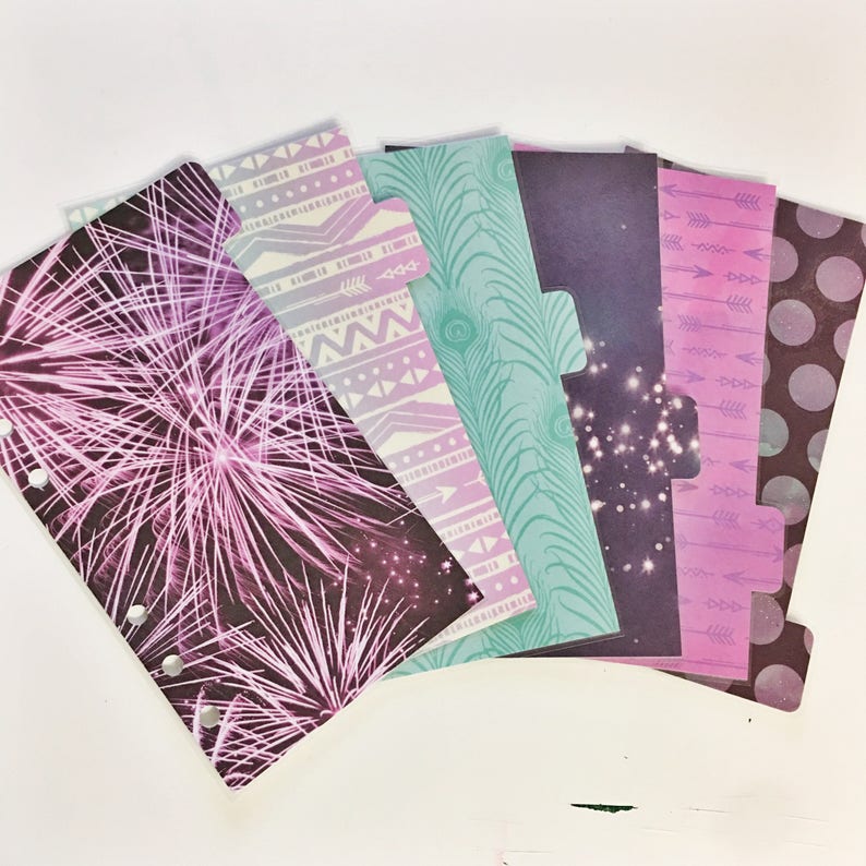 Personal Sized Laminated Dividers For Filofax Medium Kikki-k Planner Bright Pink Teal Fireworks Aztec Feather Stars Glitter Polka Dot image 1