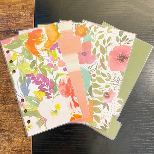 Double Sided Personal Sized Laminated Dividers Medium Size Planner Bright Colorful Painted Flower Gold Foil Leaves Stripes Watercolor Floral