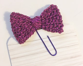 Dark Pink and Black Metallic Yarn Crochet Bow Planner Clip Clippie Planner ECLP Happy Planner Filofax