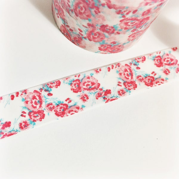 Bright Pink and Aqua Blue Floral Pink Flowers Blue Foliage Floral Washi Tape 11 yards 10 meters 15mm