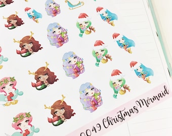 0049 Bright Colorful Glitter Christmas Mermaid Holiday Decorative Sheet of Stickers Planner Stickers Erin Condren Life Planner Happy Planner