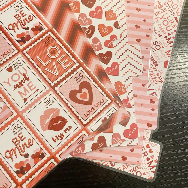 A5 Sized Dark Red Pink White Postage Stamp Valentines Love Kiss Heart Laminated Dividers For A5 Filofax Large Kikki-k Recollections Planner image 2