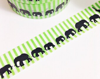 Lime Green Striped Elephant Silhouette Black Elephant Washi Tape 11 yards 10 meters 15mm Animal Safari Baby Elephant Momma Elephant