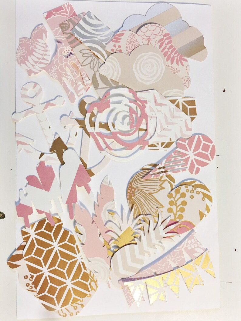 May include: A collection of pink and gold paper cutouts with various shapes and patterns, including flowers, anchors, hearts, and geometric designs. The cutouts are perfect for scrapbooking, card making, or other craft projects.