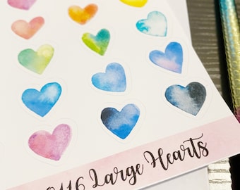 0116 Large Hearts Multi Colored Watercolor Sheet of Stickers Planner Stickers Erin Condren Life Planner Happy Planner Accessories