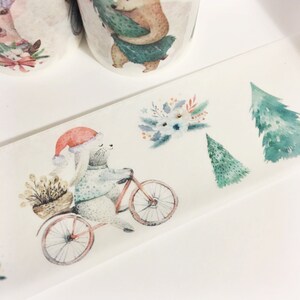 Gorgeous Watercolor Painted Christmas Animals Animals in Hats Bunny Deer Raccoon Bear Trees Floral Washi Tape 5.5 yards 5 meters 40mm