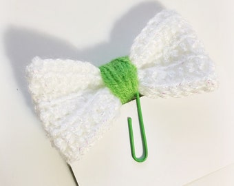 White with Shiny Metallic Strands and Lime Green Center Crochet Bow Planner Clip Clippie Planner ECLP Happy Planner Filofax