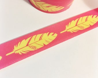 Bright Pink and Yellow Feathers Yellow Feather Pink Washi Tape 5.5 yards 5 meters 15mm Pastel Green Pastel Mint Green Lace