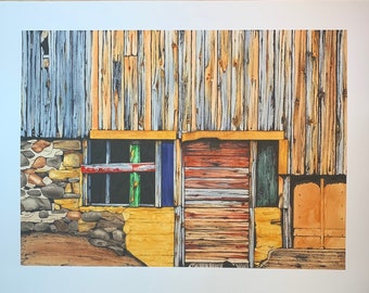 Hand Painted Watercolor and Ink Colorful Barn Wood and Stone Weathered Barn Watercolor Barn High Quality Art Print