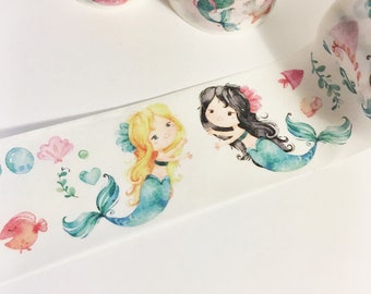 Watercolor Mermaid Children Pretty Mermaids Colorful Haired Mermaids Fish Shells Anchors Sea Washi Tape 11 yards 10 meters 35mm