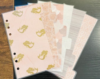 Pastel Coral Pink Brown Gold Foil Ocean Mermaid Sand Woodgrain Ikat Scallops Coral Reef Personal Laminated Divider For Personal Size Planner