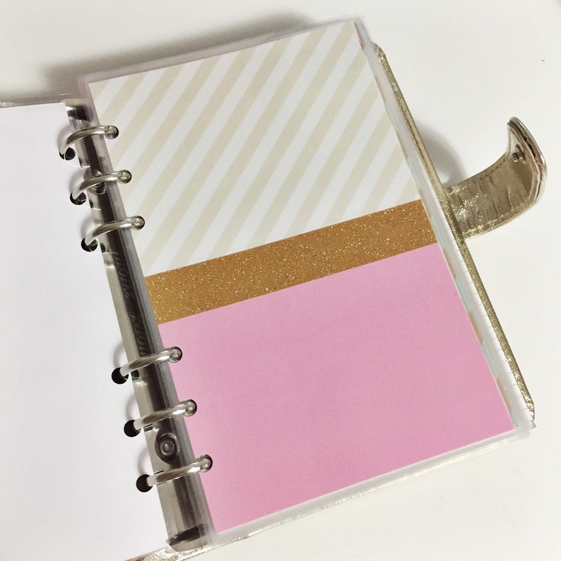 Personal Size Light Pink Bottom Striped Beige Top Gold Glitter Center Stripe Laminated Dashboard Filofax Kikki k Planner image 1