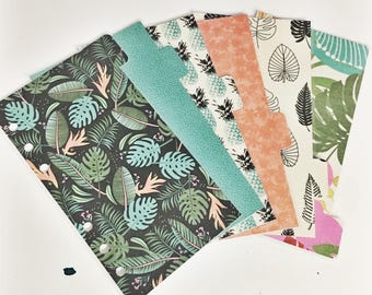 Personal Sized Laminated Dividers For Filofax Medium Kikki-k Planner Green Teal Orange Pink Gold Foil Tropical Floral Leaves Pineapples Dots