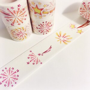 明るいピンク 赤 オレンジ 黄色 星 花火 水彩 花火 和紙テープ 5.5ヤード 5メートル 30mm