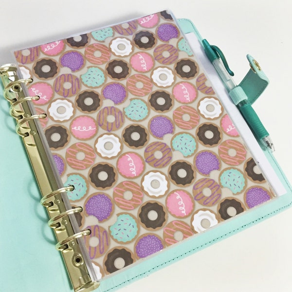 A5 Size Colorful Donut Sweet Pastries Purple Teal Pink Brown and White Donuts Laminated Dashboard Filofax Large Kikki k Planner