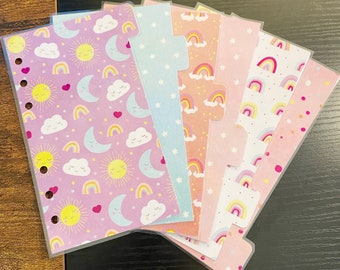 Colorful Pastel Moon Sun Sky Rainbow Pink Foil Polka Dots Purple Pink Blue Yellow Stars Personal Laminated Divider For Personal Size Planner