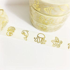 Helle glänzende Metallic GoldFolie Meer Kreatur Muscheln Delphin Seestern Octopus Perle Tintenfisch Muschel Washi Tape 11 Meter 10 Meter 15mm