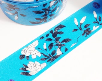 Dark Aqua Blue with Black and White Floral Washi Tape 11 yards 10 meters 20mm Black and White Aqua Tape