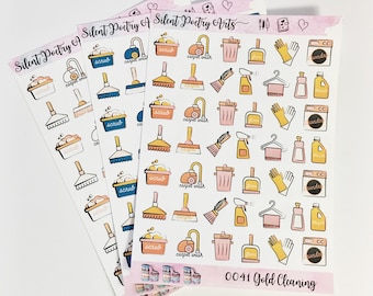 May include: Four sheets of stickers with a variety of cleaning themed illustrations. The stickers are in shades of pink, yellow, blue, and brown. The text on the stickers reads "Silent Poetry Arts" and "0041 Gold Cleaning".