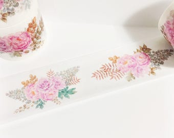 Gorgeous Watercolor Painted Pretty Pink Peonies Brown Green Leaves Floral Washi Tape 5.5 yards 5 meters 30mm