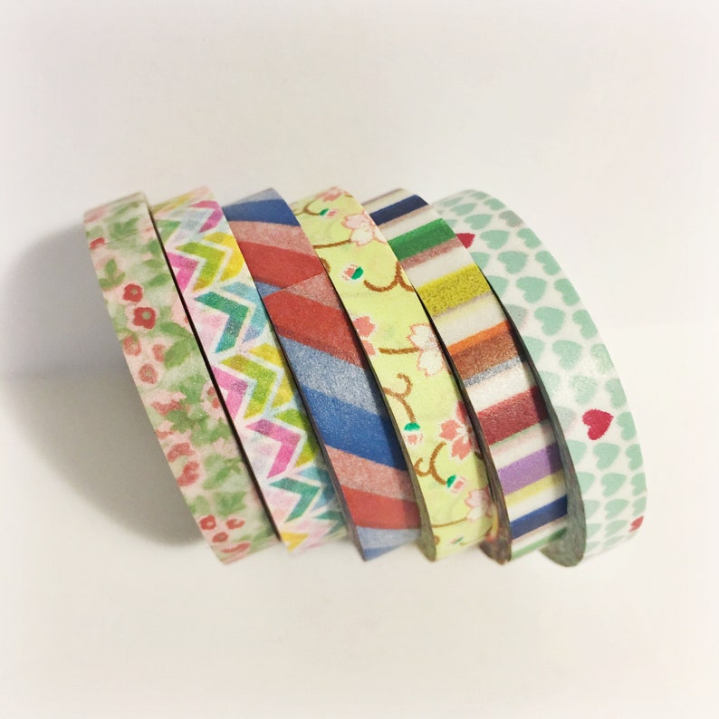 Washi Tape Set of 6 Skinny Rainbow Striped Hearts Floral Chevron Colorful Washi Tape 5.5 yards 5 meters 5mm Each image 1